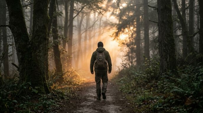Person in ruhiger Konzentration auf einem Weg durch Nebel – Symbolbild für Durchhaltevermögen und Hypnose