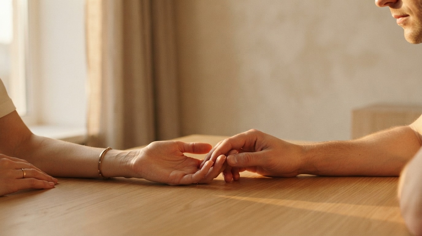 Hypnose für Lust und Intimität in Berlin: zwei Hände berühren sich sanft im warmen Licht als Symbolbild für neu gefundene Nähe
