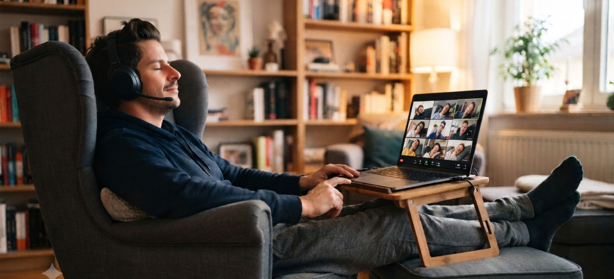 Mann entspannt im Sessel mit Kopfhörern, nimmt bequem von zu Hause aus per Laptop an einer Online-Gruppenhypnose teil